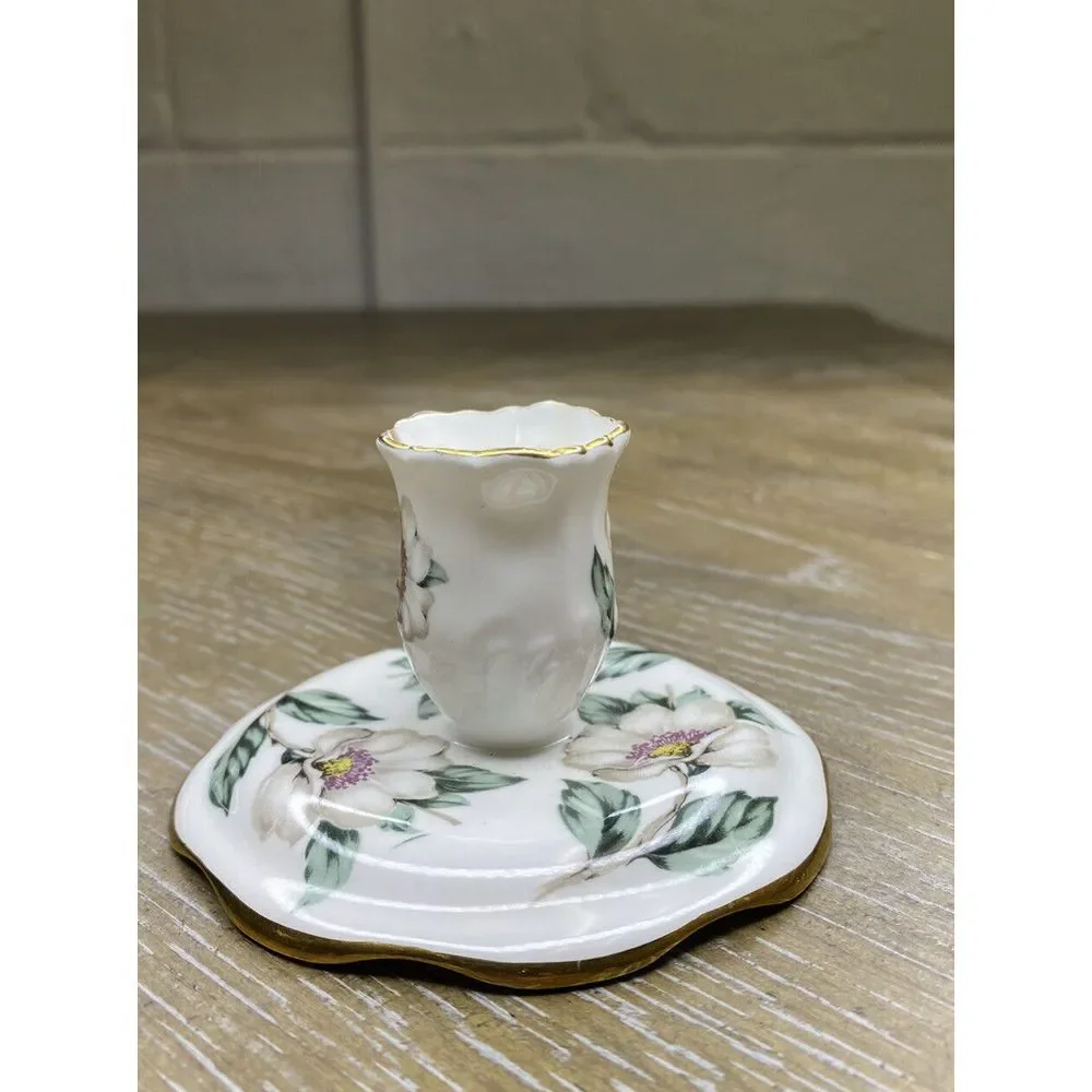 Staffordshire Candle Holder Bone‎ China White Flower Gold